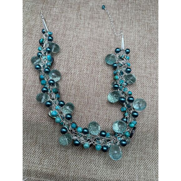 Chunky Aqua Teal Glass & Shell Bead Statement Necklace - Picture 6 of 8